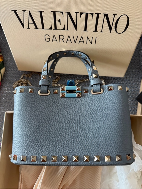 Valentino Garavani Handbags - Valentino Garavani Gray Rockstud Pebbled Leather Satchel